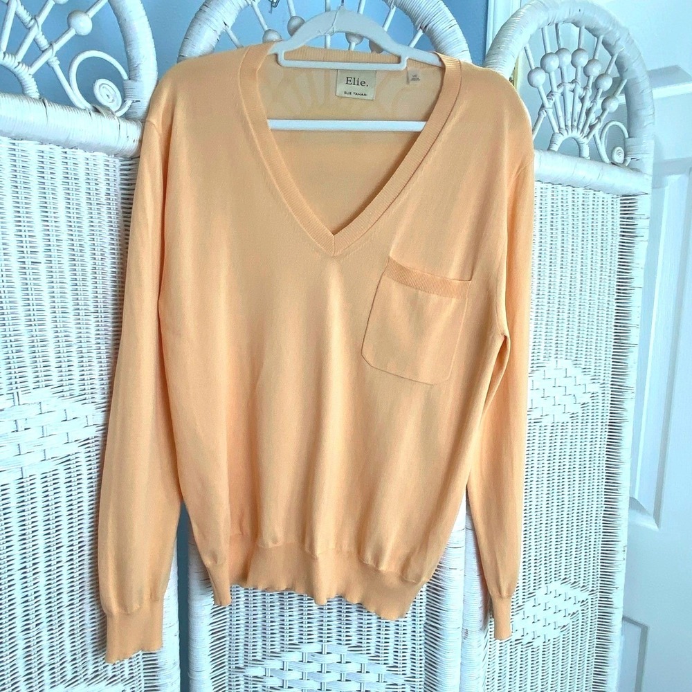 Elie Tahari Peach V Neck Fine Knit Pullover Sweater Pocket Women's Large